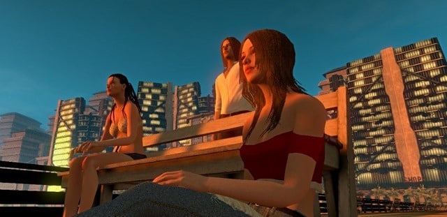 Red Light Center setting with three characters in the virtual adult world