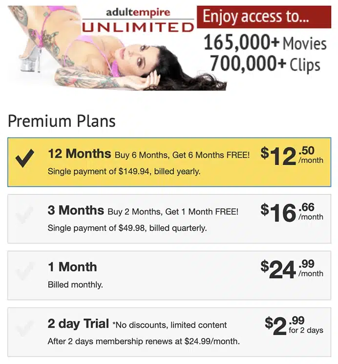 Pricing for Adult Empire Unlimited